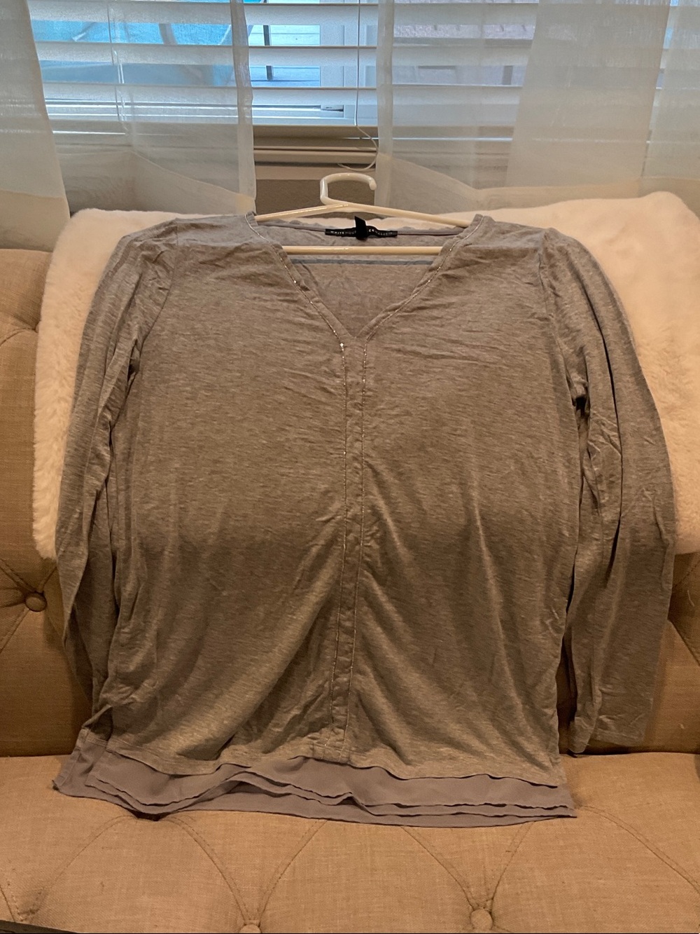 White House Black Market Light Gray Long-Sleeve V-Neck Top